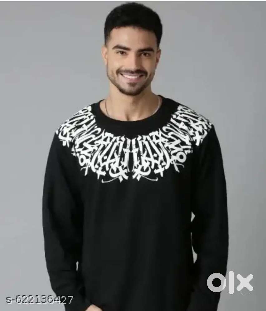 Men's Cotton Printed T-Shirt (Black) Stylish Full Sleeves Round Tee