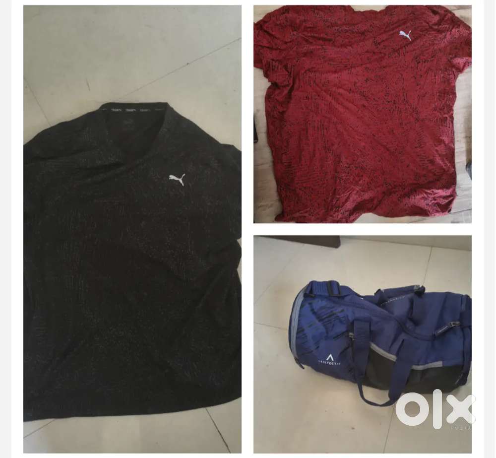 2 puma dry fit gym shirts + gym duffel bag