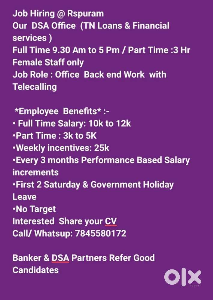 Female only  - DSA  Back Office Staff  with Calling work