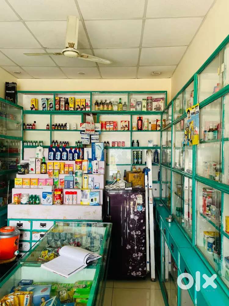 Racks and counter and a fridge