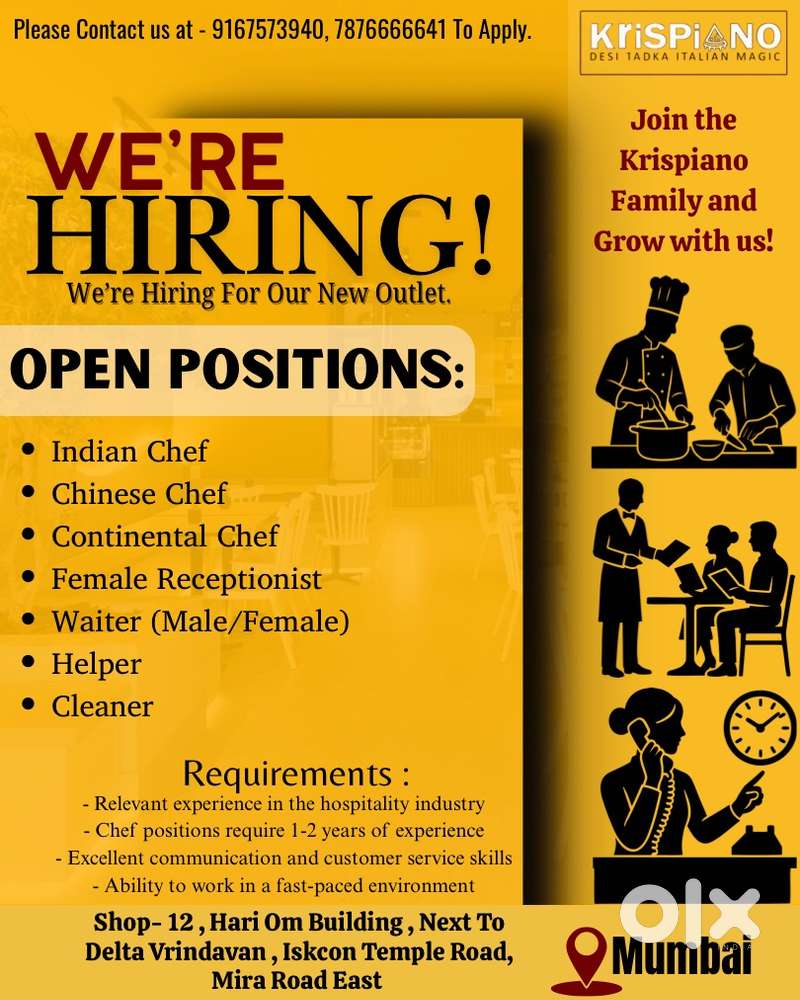 Hiring Cook, Helper and Waiter / Cleaner Required For Hotel Restaurant