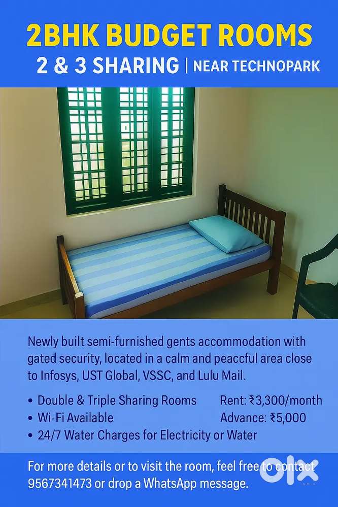 Comfortable and Budget-Friendly Rooms Near Technopark – 2 & 3 Sharing