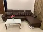 Brown leather sofa set plus table (pure teakwood)