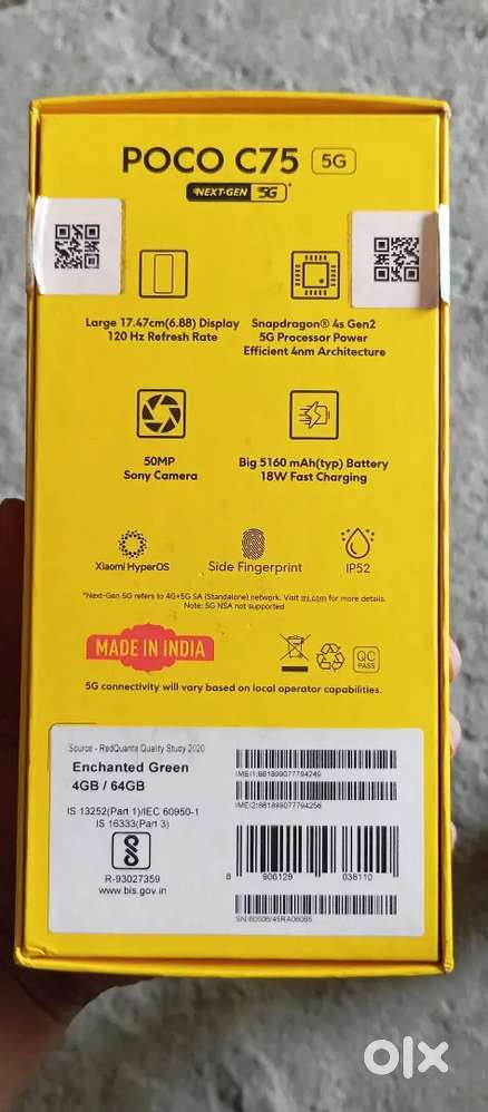 New brand only one month used model poco C75 5G ram4 store 64 only8000