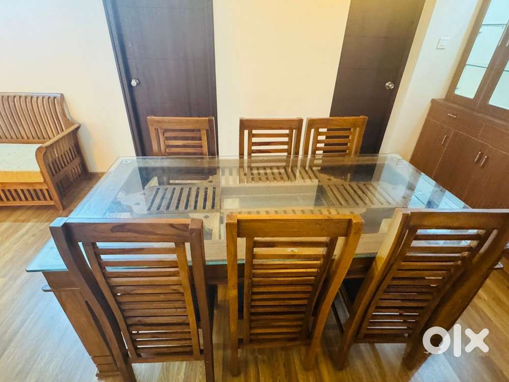 Solid Teak Wood 6-Seater Dining Table with Glass Top & Chairs