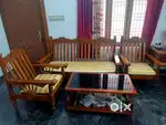 Big 3D Glass Dining Table & 2 Wooden Sofa Big Chair 1 Big Wooden Sofa