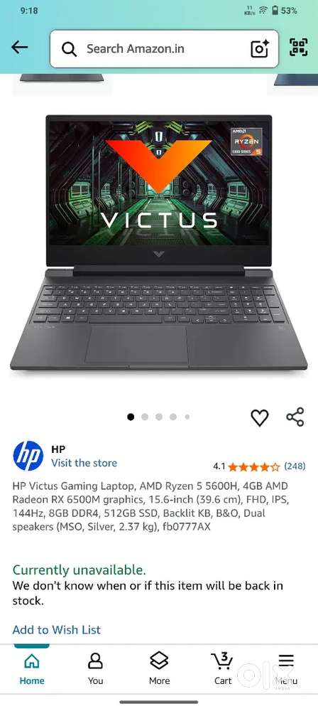 HP Victus Gaming Laptop, AMD Ryzen 5 5600H, 4GB AMD RX 6500M graphics