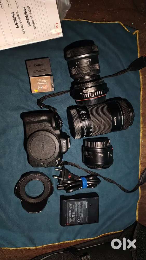 Canon r50 18-45mm EF 50mm 1.8 EF 55-250mm 2 battery charger box