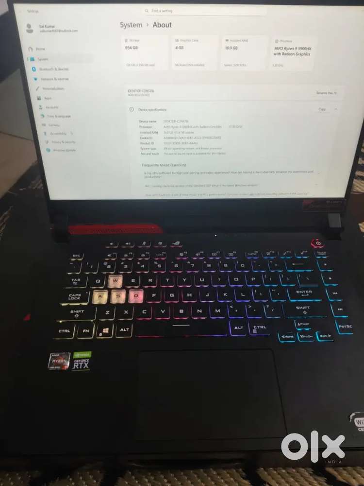 Asus Rog Ryzen 9 processer 4 gb  Nvidia Rtx 1 Tb SSD 16 gb RAM