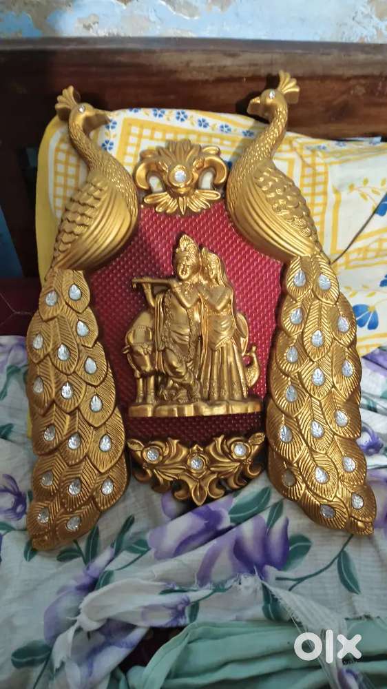 Beautiful Decorative Wall Hanging – Radha Krishna with Golden Peacocks
