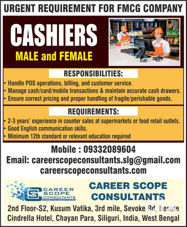 Immediate hiring for Cashiers, Sales Assistant, Waiters and many more
