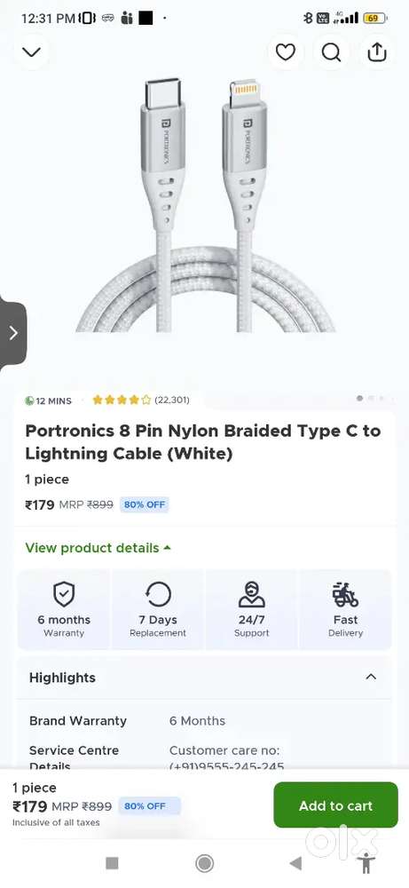 Portronics Type c to lightning cable