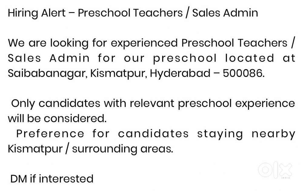 Preschool Teachers / Sales Admin