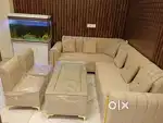 Sofa set with 2 puffy chairs & glass center table