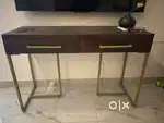 Solid Wood & Metal Console Table with 2 Drawers | Dark Walnut + Brass