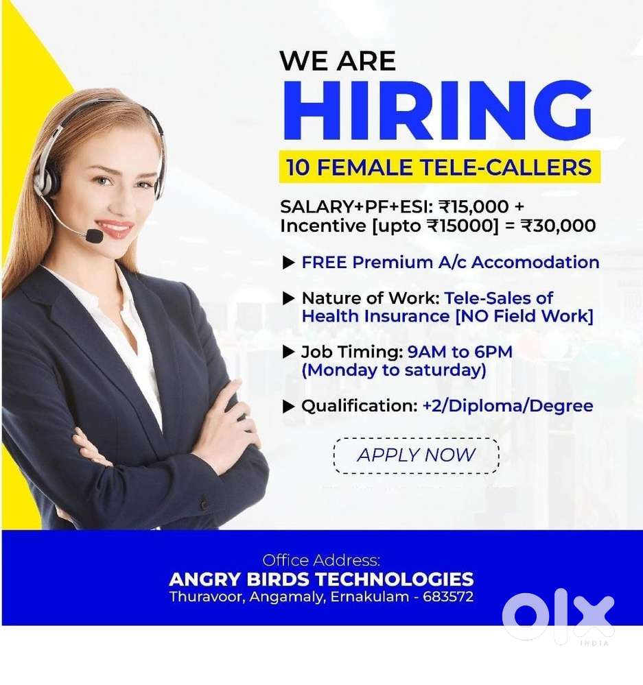 PGT - Wanted 10 Female Telecallers - JOB in Angamaly with Accomodation