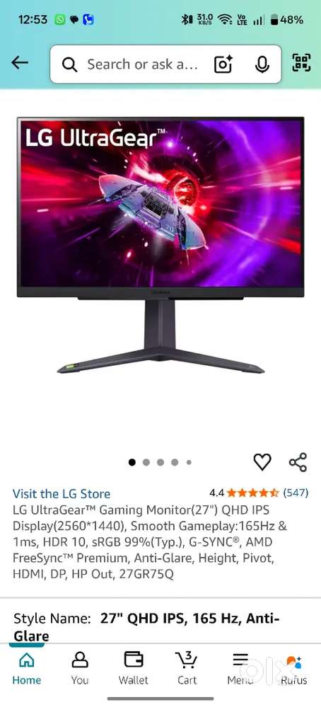 Lg 27GR75Q MONITOR