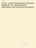 TO-LET  :-3 SHUTTERS & BACK PLACE WITH DHABA SET UP , KITCHEN SETUP.
