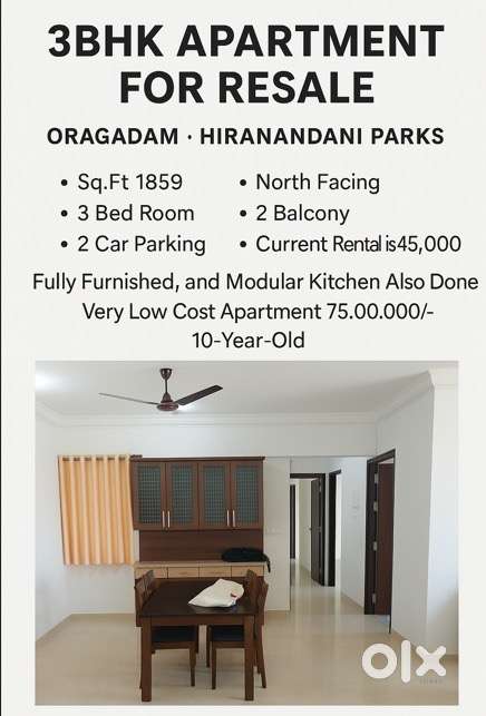 3Bhk resale apartment Oragadam’s highway 45k rental 75L