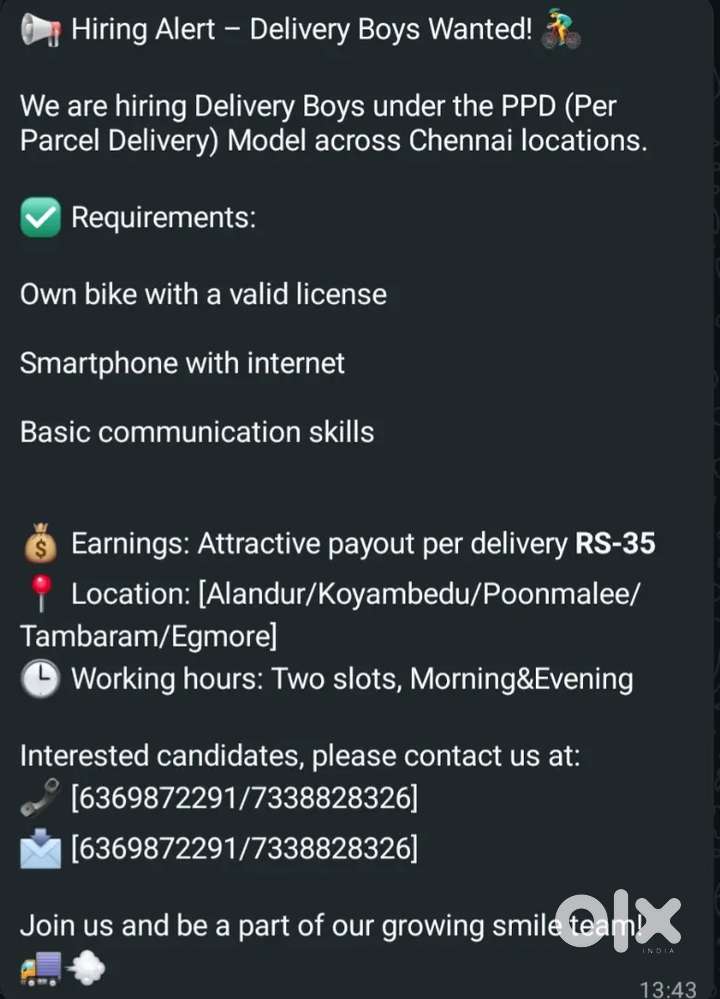 Delivery job available in E-commerce for medical package delivery.