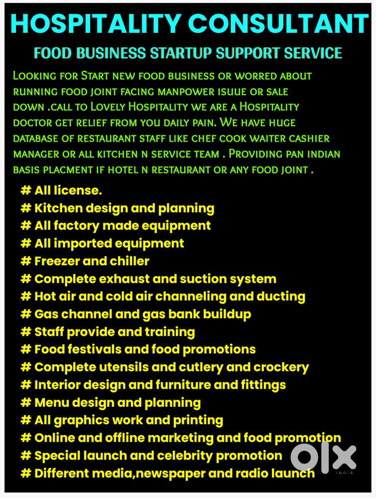 food business startup support service all staff chef cook waiter avl.