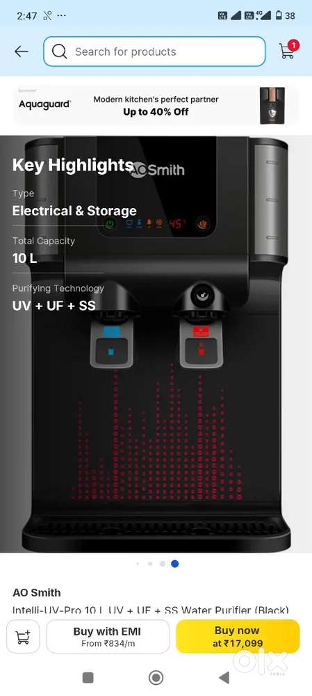 AO Smith Water purifier - Intelli UV Pro