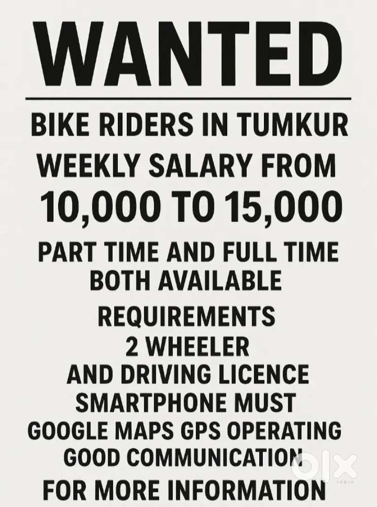 Wanted Bike Rider's in Tumkur City