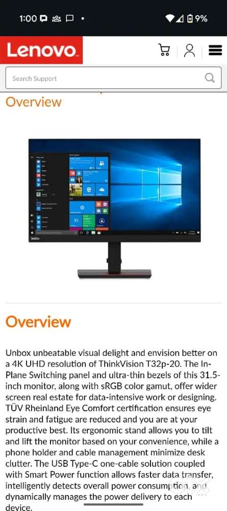 Monitor 32 inch 4k Lenovo Thinkvision T32p-20