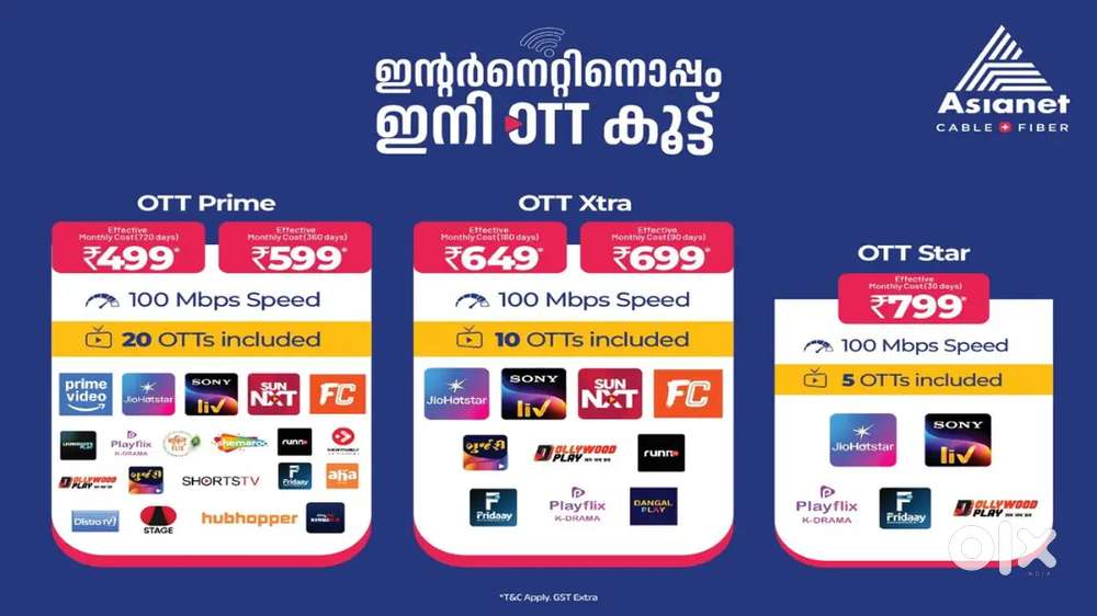 Asianet net + cable tv chanals + ott platform