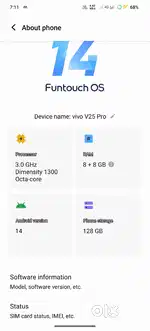 Vivo v25 pro 5g 8+8gb ram ,128gb internal