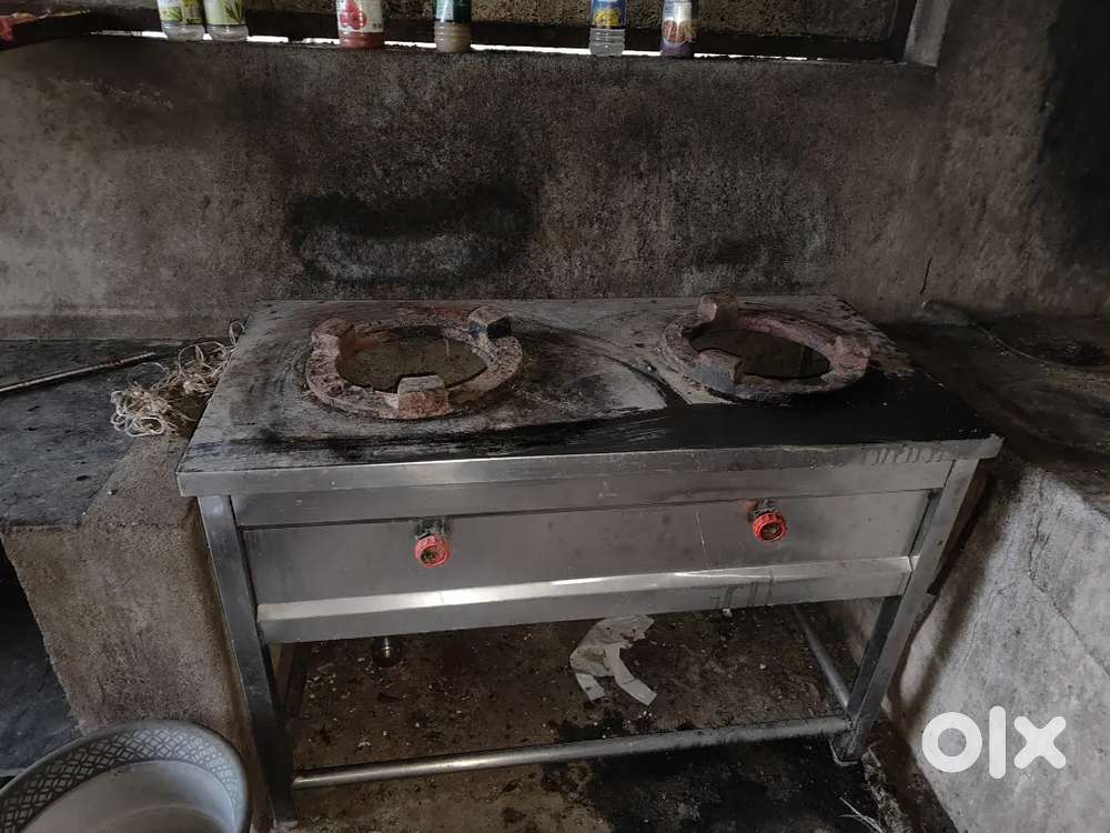 Double door fridge and stainless steel stove
