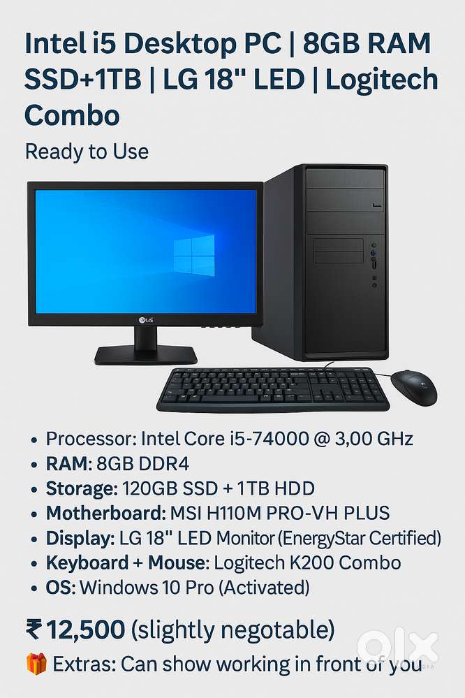 Intel i5 Desktop PC  8GB RAM  SSD+1TB  LG 18 LED  Logitech Combo