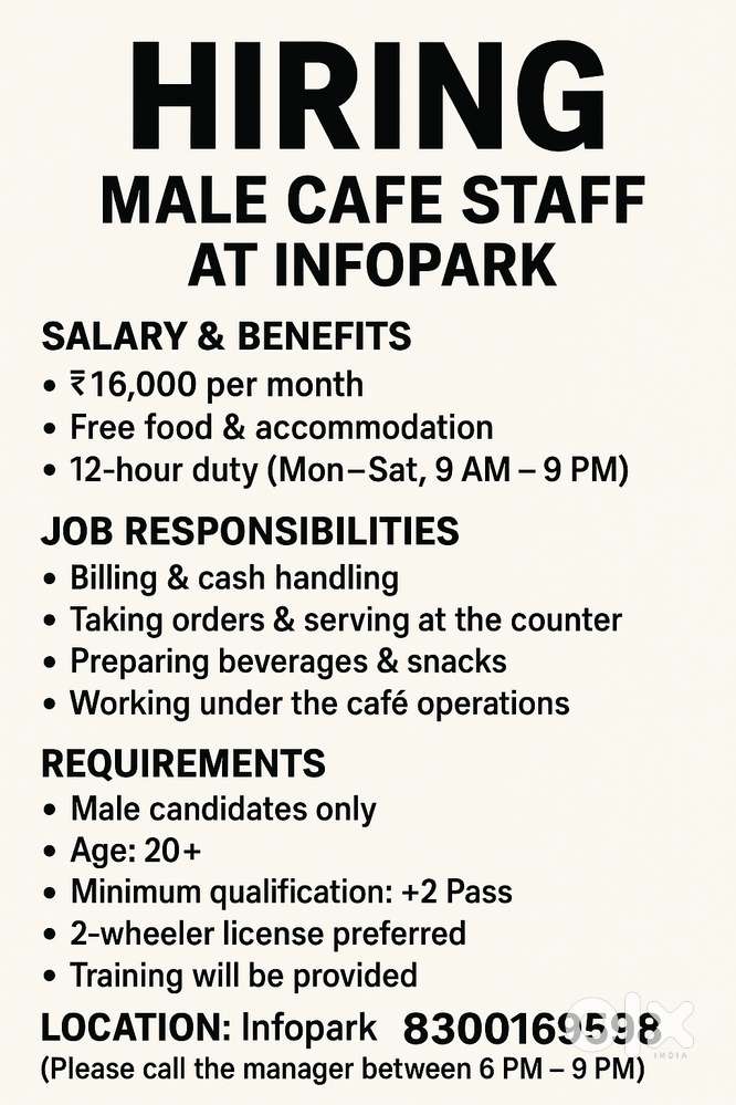 Hiring: Male Cafe Staff – Infopark, Kochi