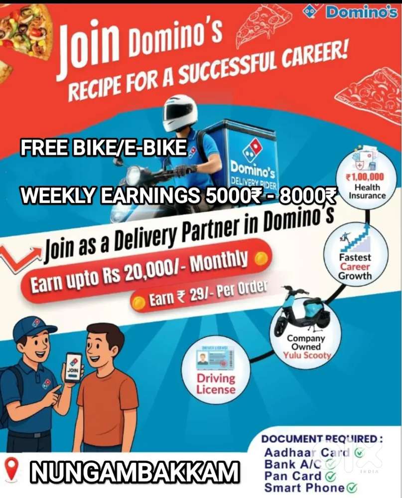 DOMINOS NUNGAMBAKKAM RENTAL FREE BIKE/E-BIKE -WEEKLY PAY -30₹/ORDER