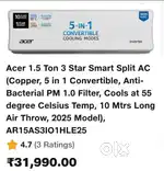 Acer 1.5 ton 3star smart split AC