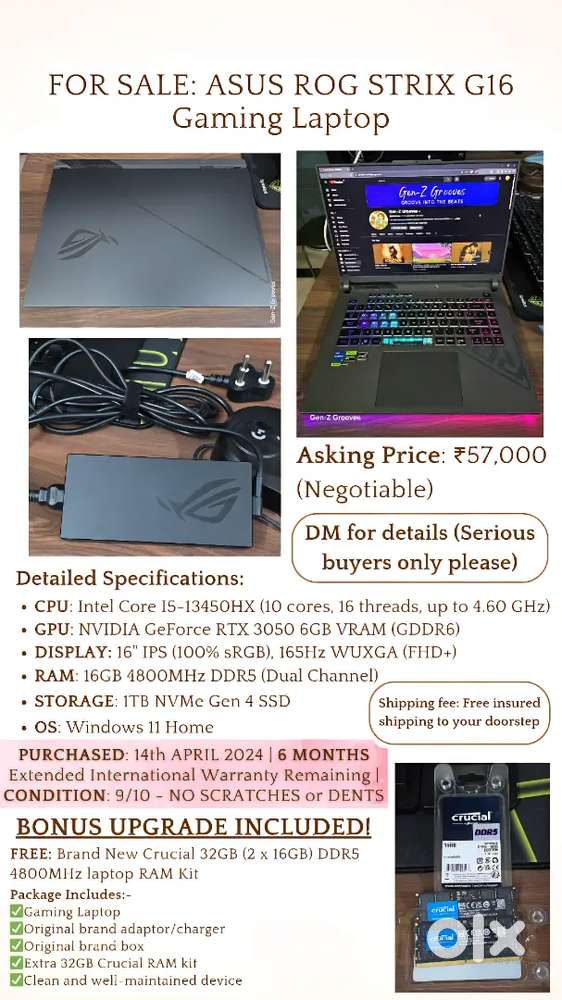 ASUS ROG STRIX G16 Gaming Laptop + FREE 32GB DDR5 RAM Upgrade