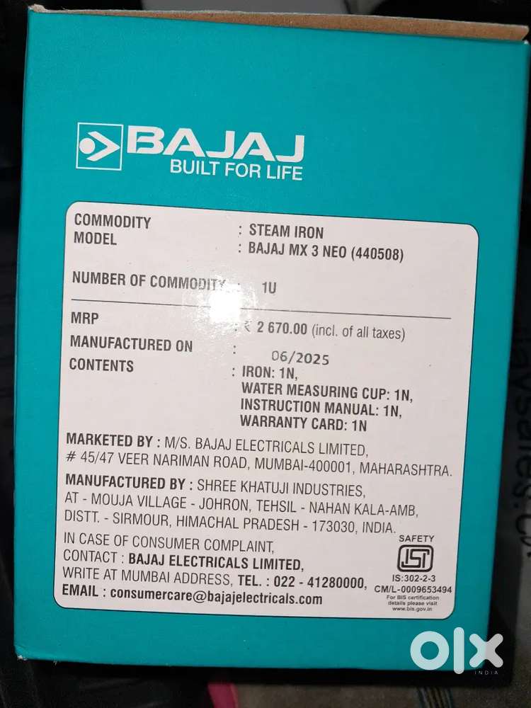 Brand new Bajaj Steam Iron for sale