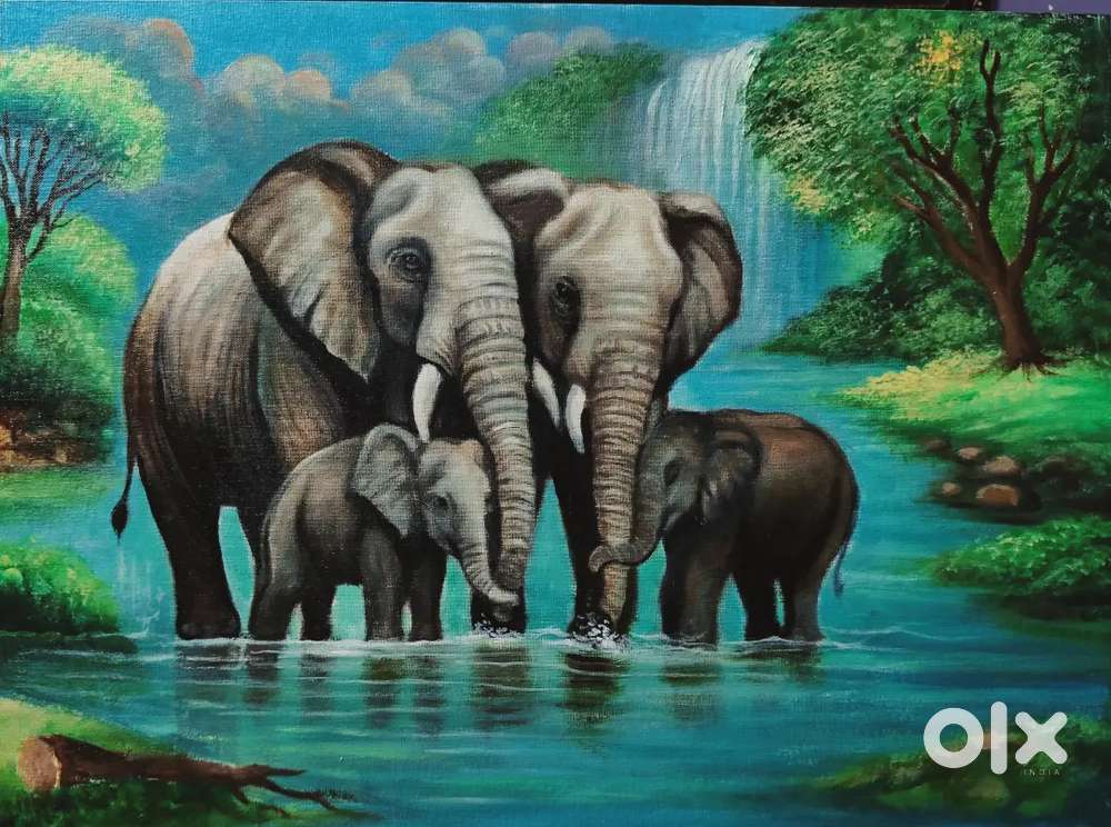 VAASTHU  Elephants Family Canvas Painting