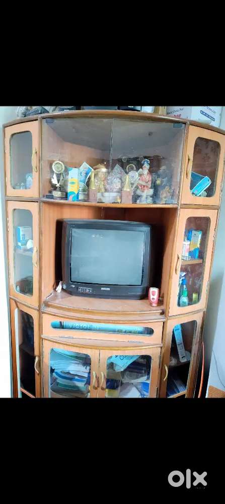 Spacious Wooden Corner Almirah Wardrobe with Glass Showcase & Storage