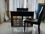 4-Seater Teak Wood Dining Table Set with Glass Top & Storage