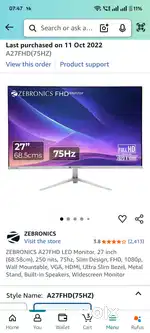 ZEBRONICS A27FHD LED Monitor, 27 inch (68.58cm), 250 nits, 75hz