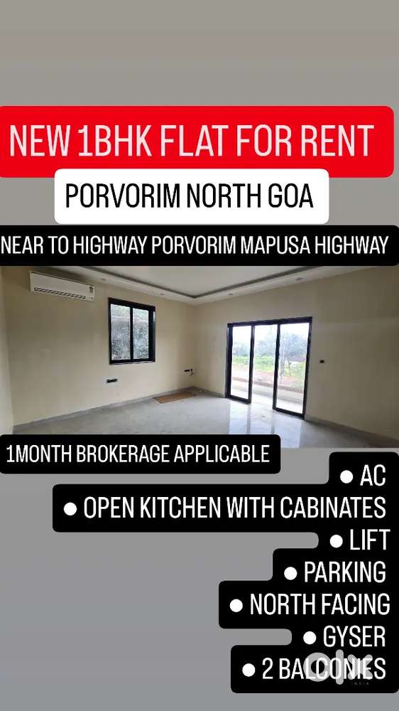 NEW 1BHK WITH AC OPEN KITCHEN WITH CABINATES FOR RENT AT PORVORIM GOA
