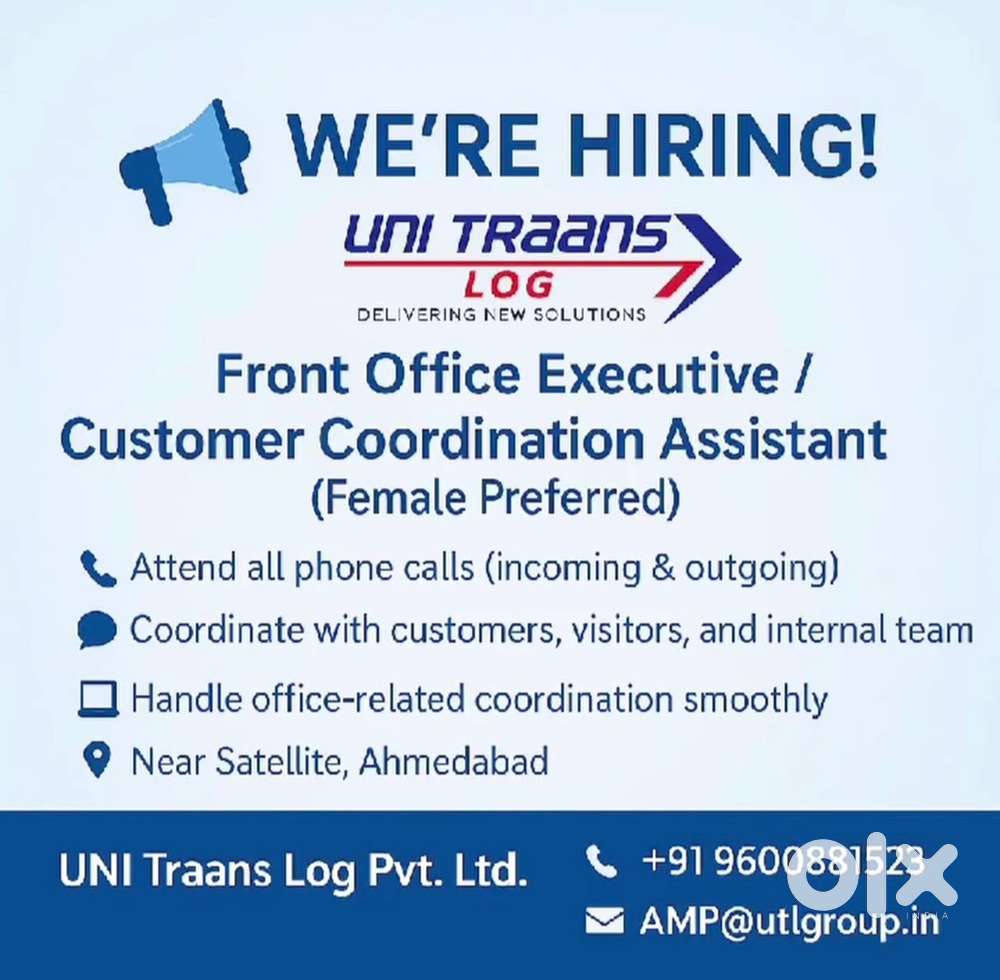 Hiring - Front Office Executive/Customer Coordination Assistant