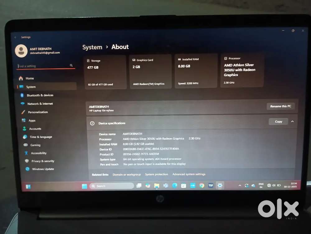 Hp Notebooo 15s 500GB HDD 8GB RAM