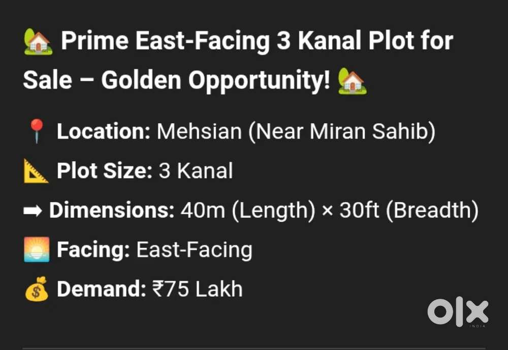 “East Facing 3 Kanal Plot for Sale – Mehsian (Near Miran Sahib)”