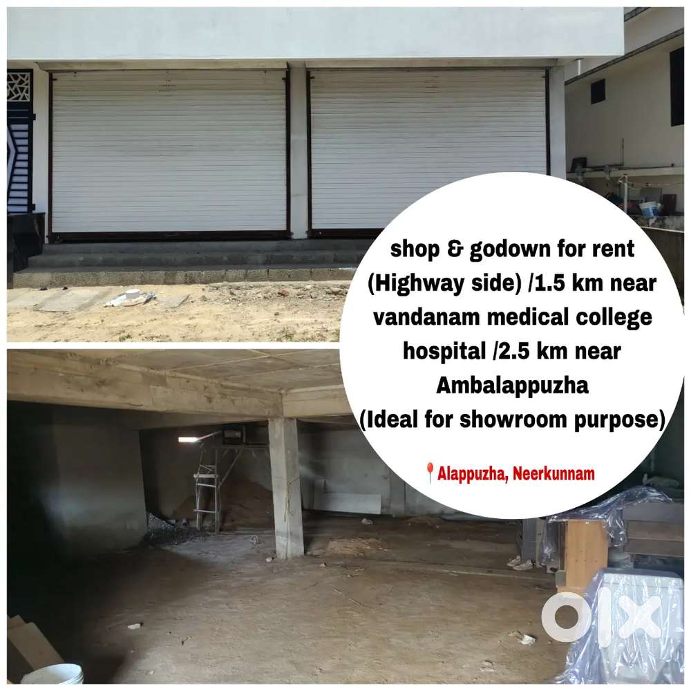 Shop and godown for rent near Alleppey, Vandanam medical college,