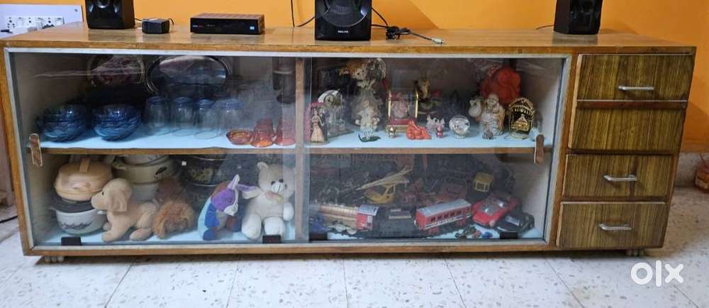 Wooden Showcase with Glass Doors and Drawers
