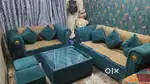 5 seater sofa set + table and 2 puffy