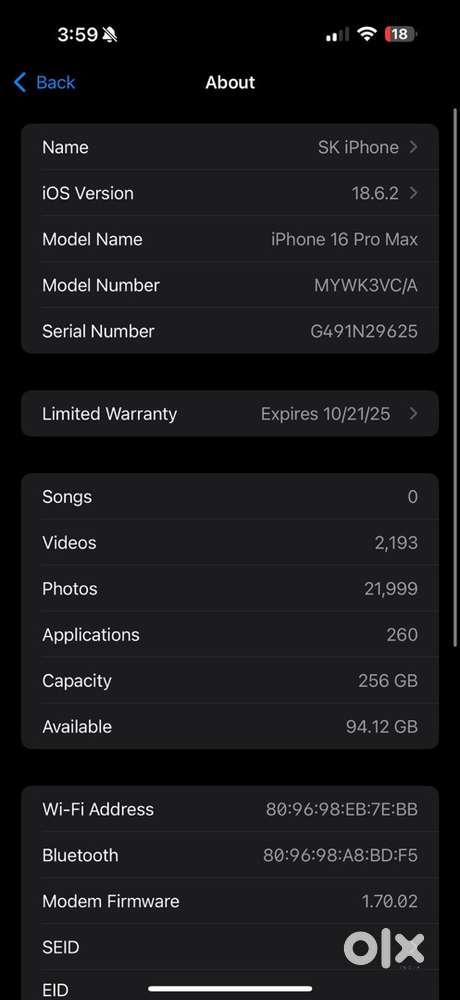 Apple iPhone 16 Pro Max 256GB  96% Battery  Warranty till Oct 2025