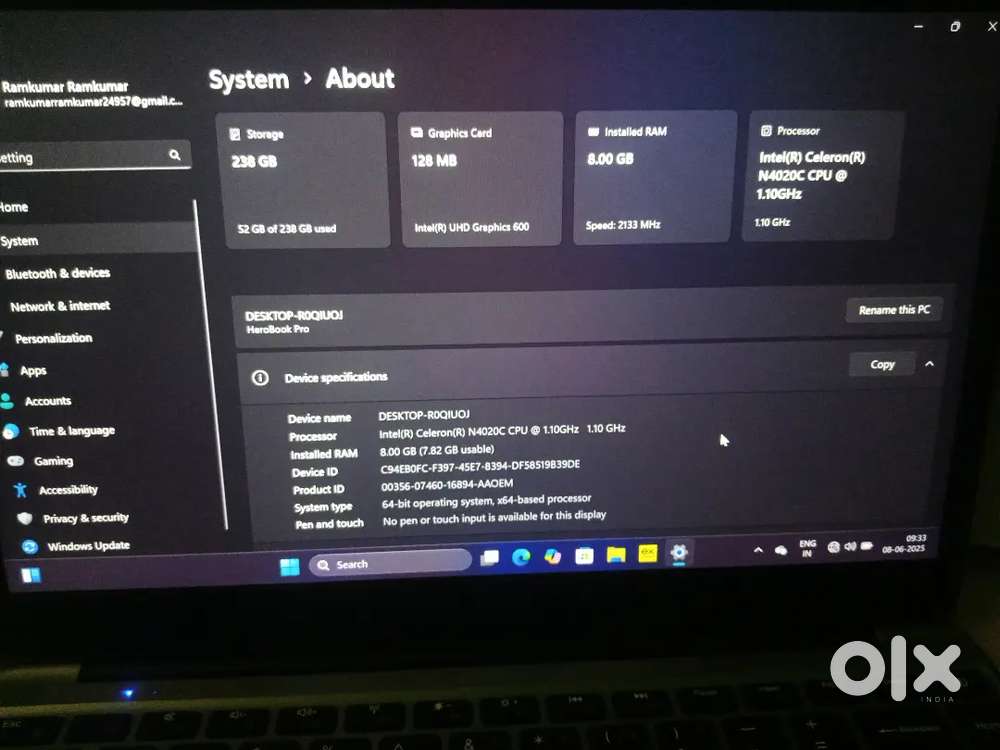Laptop 238gb 8GB RAM graphiccard128